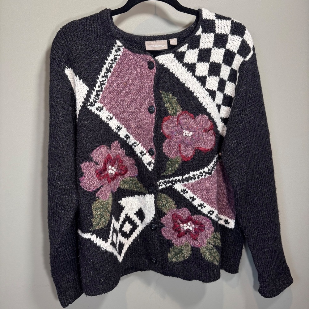 Cottagecore Wool Blend Vtg Floral Coquette Checkered Cardigan Grandma‎ Sweater